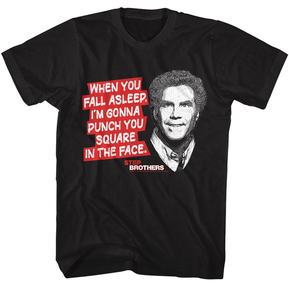 Black Step Brothers t-shirt featuring a Step Brothers Step Brothers Square in the Face design
