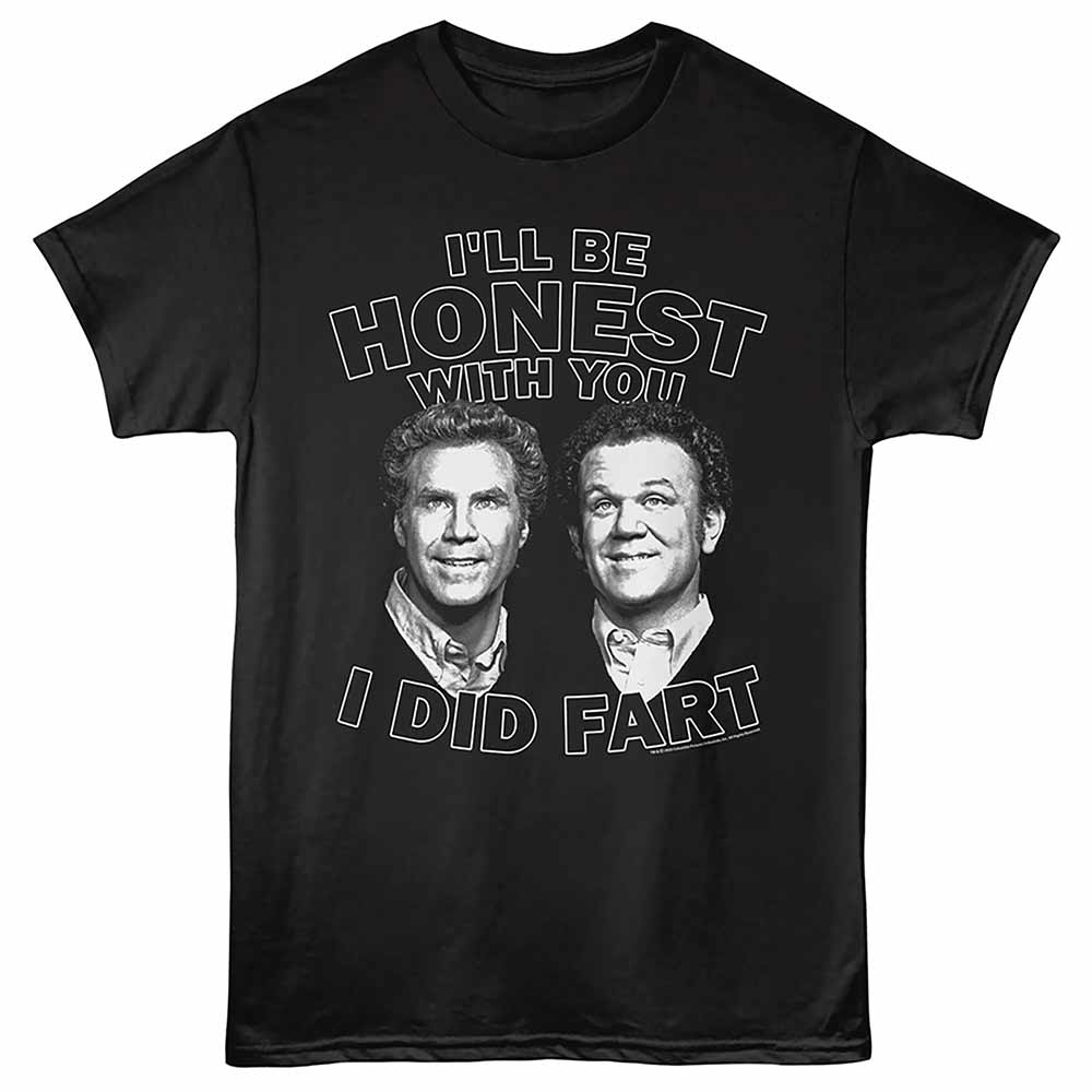 Black Step Brothers t-shirt featuring a Step Brothers Step Bros Honest Fart design