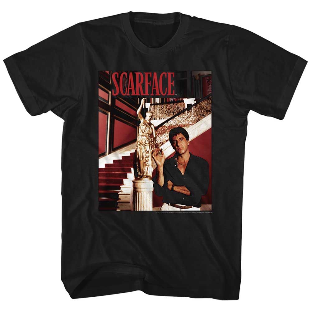 Black Scarface t-shirt featuring a Scarface Statue Stairs design