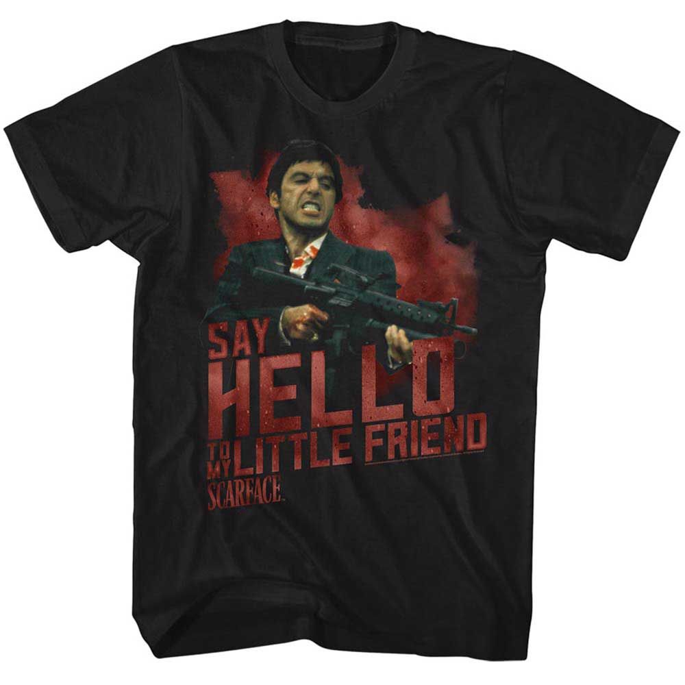 Black Scarface t-shirt featuring a Say Hello to My Little Friend design