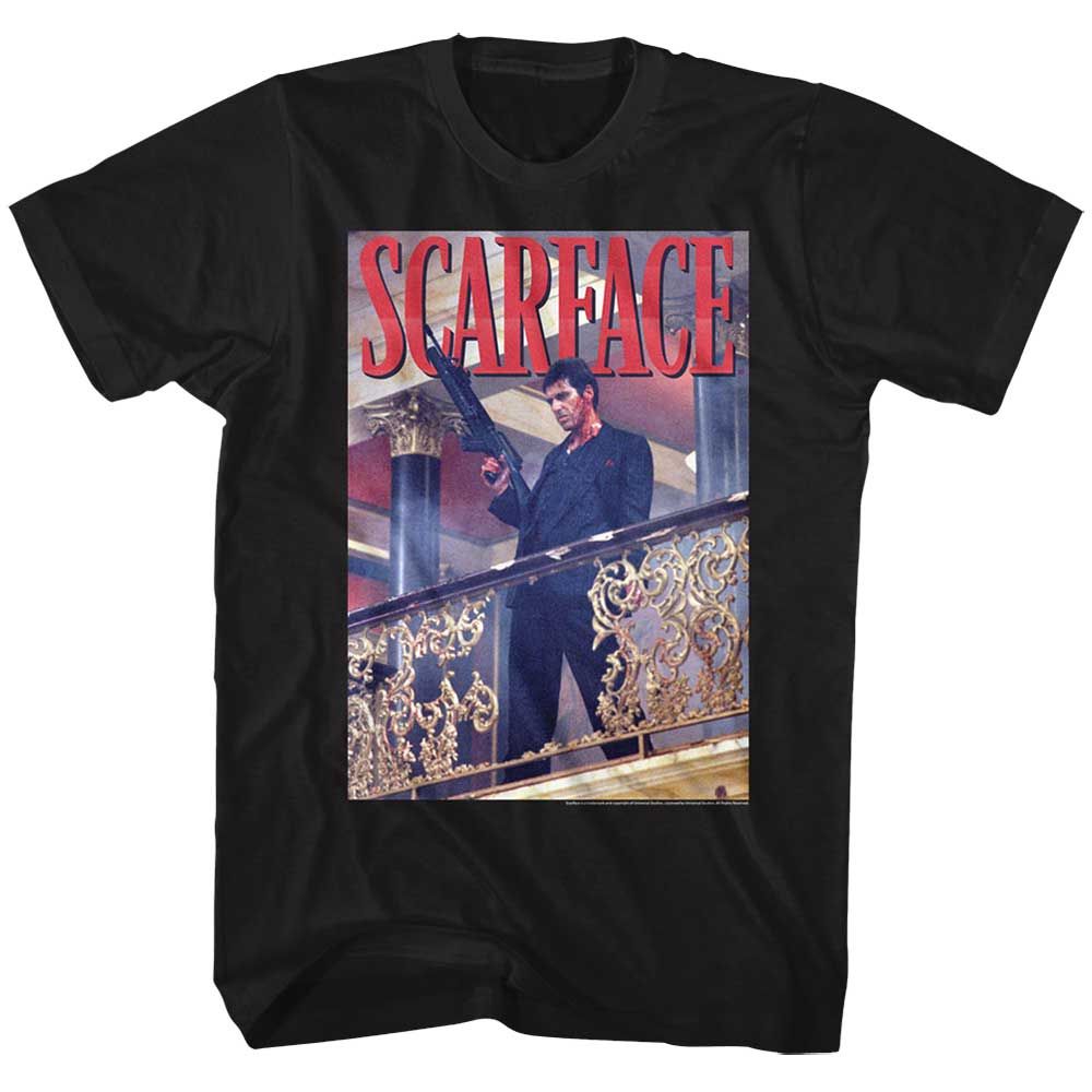 Black Scarface t-shirt featuring a Scarface Railing Shot design
