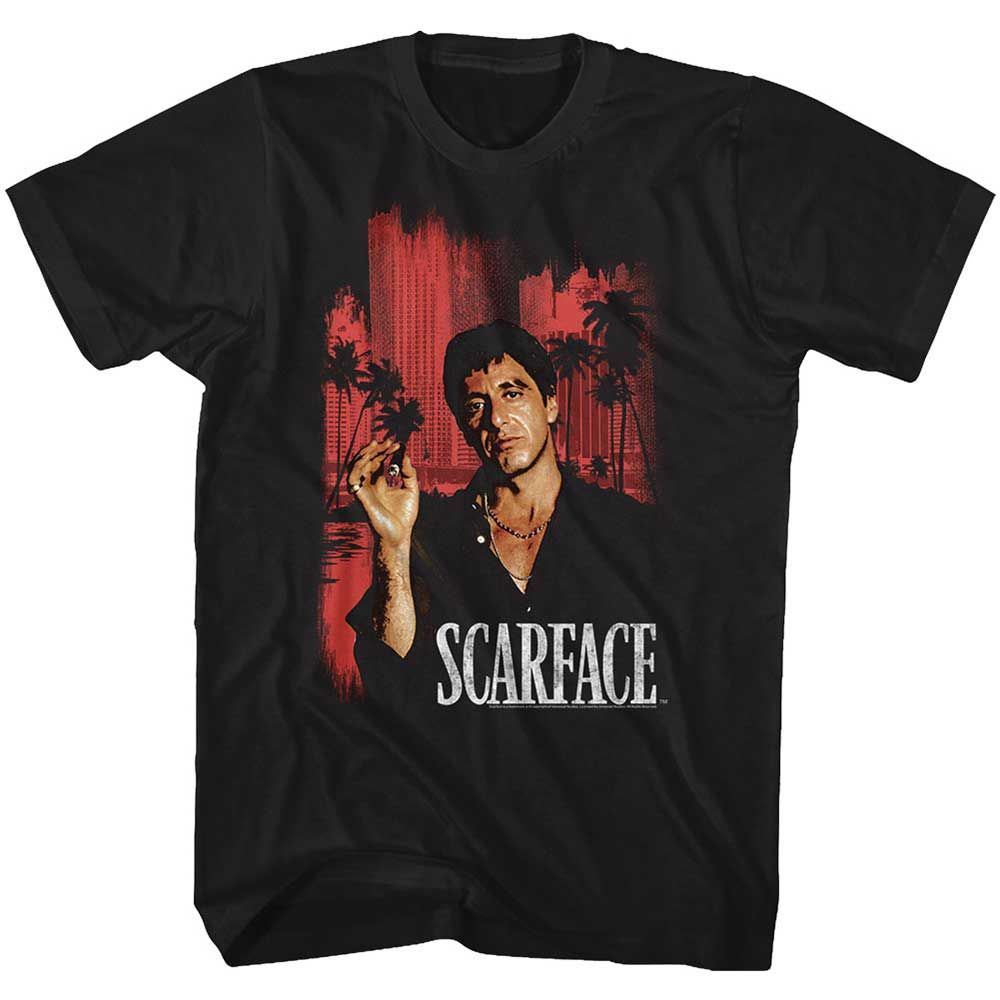 Black Scarface t-shirt featuring a Scarface Rd Cityscape design