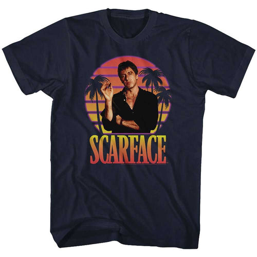 Navy Scarface t-shirt featuring a Scarface Miami Sunset design