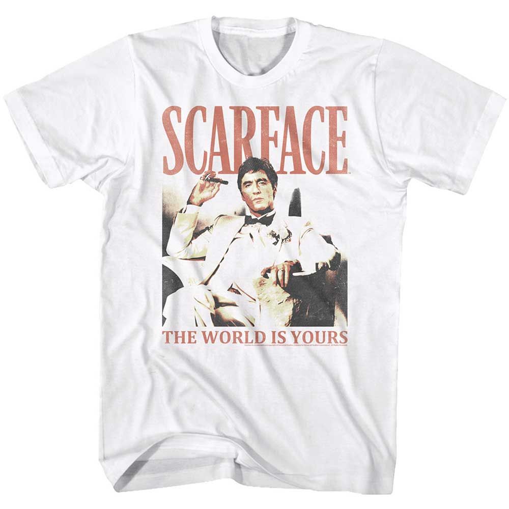 White Scarface t-shirt featuring a Scarface Da World design