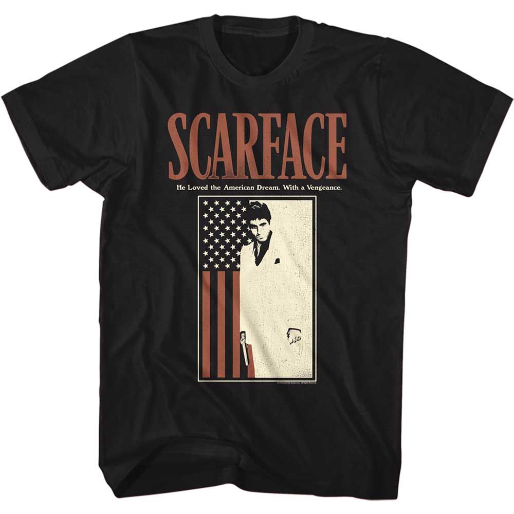 Black Scarface t-shirt featuring a Scarface Scarfacewithflag design