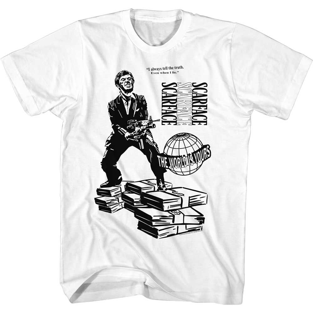 White Scarface t-shirt featuring a Scarface Tonyonmoney design