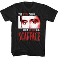 Black Scarface t-shirt featuring a Scarface The Eyes Never Lie design