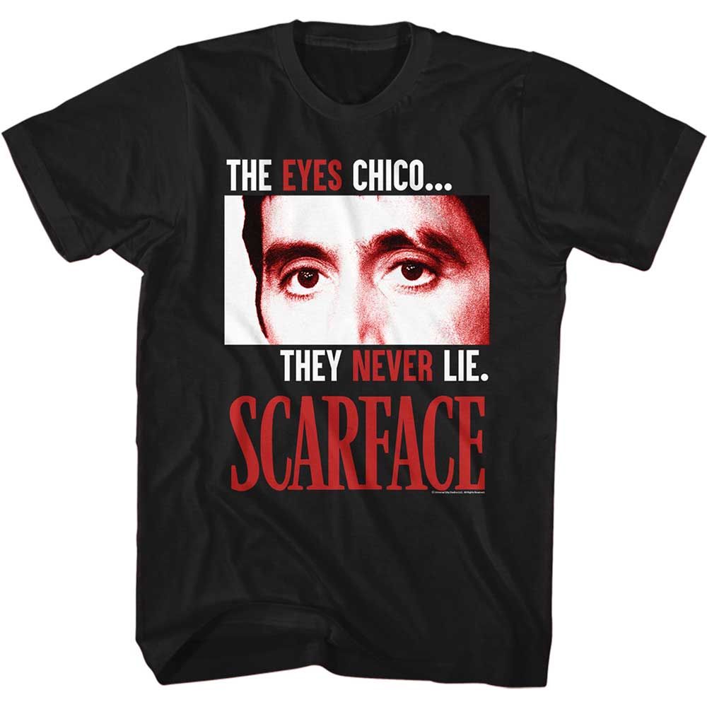 Black Scarface t-shirt featuring a Scarface The Eyes Never Lie design