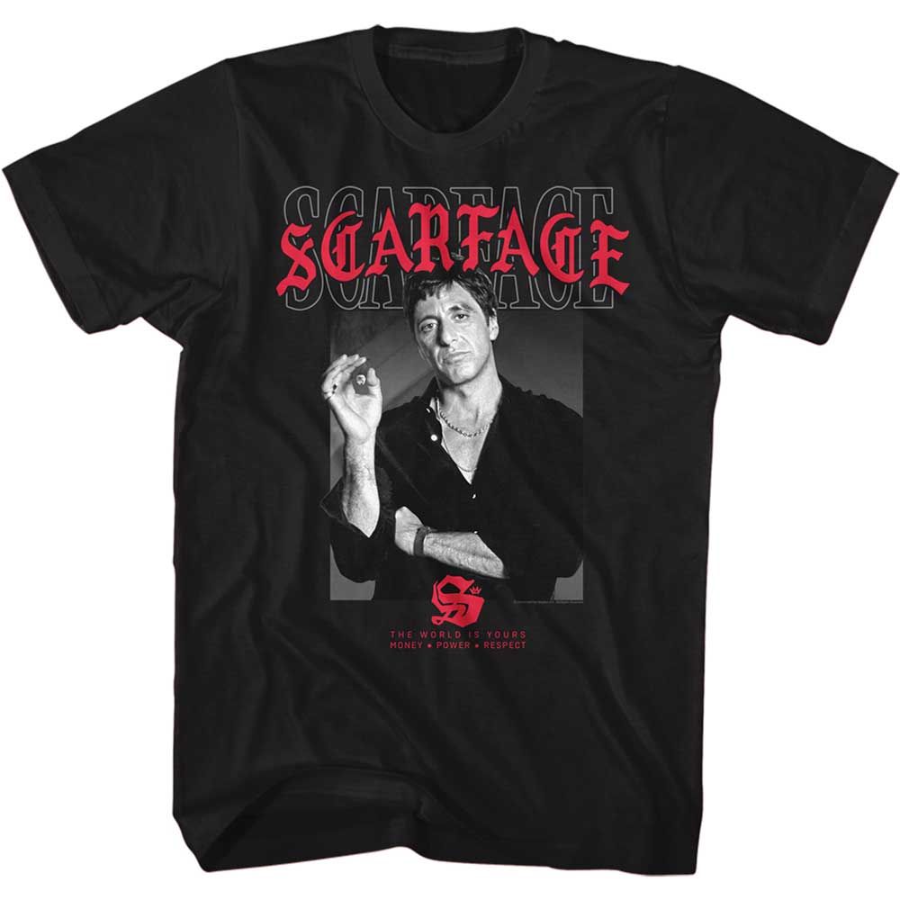 Black Scarface t-shirt featuring a Scarface Text Layering 2 design
