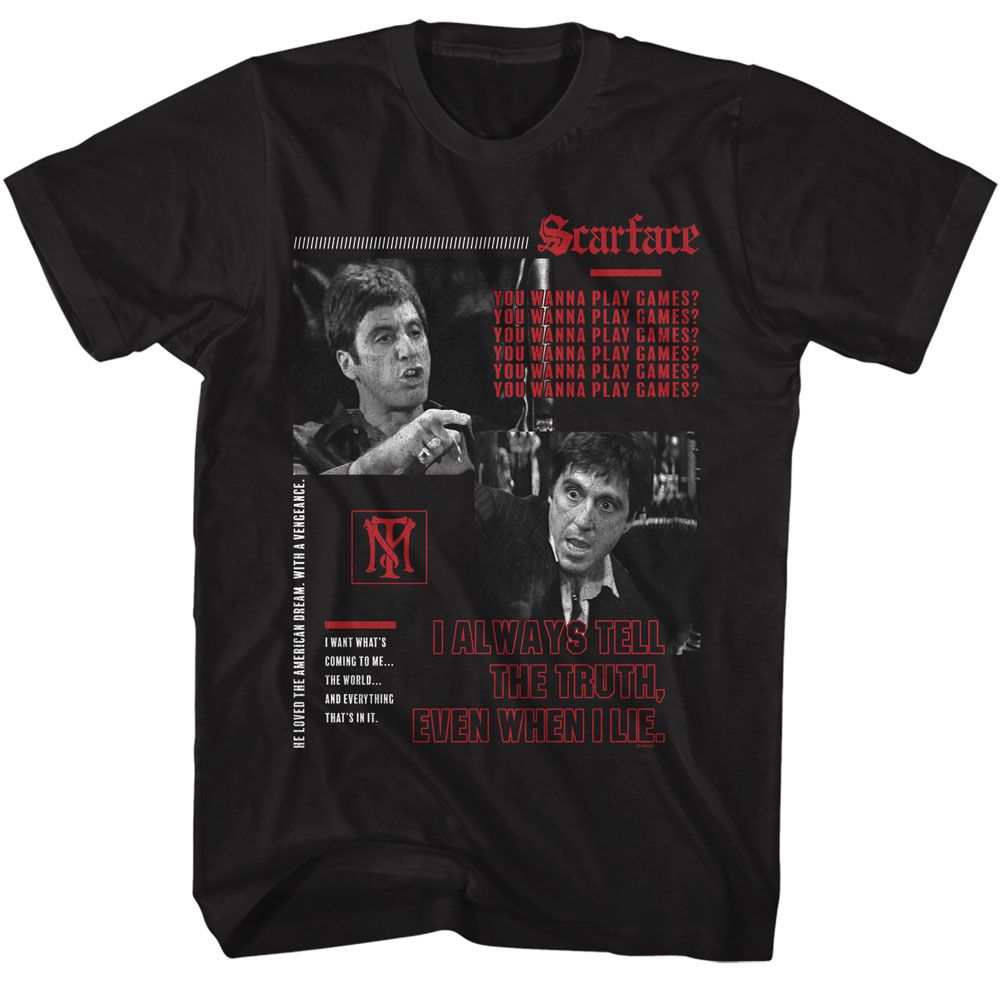 Black Scarface t-shirt featuring a Scarface Scarface You Wanna Play Games design