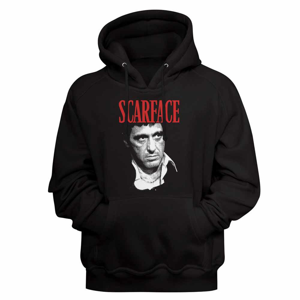 Black Scarface pullover hoodie featuring a Tony Montana Portrait design