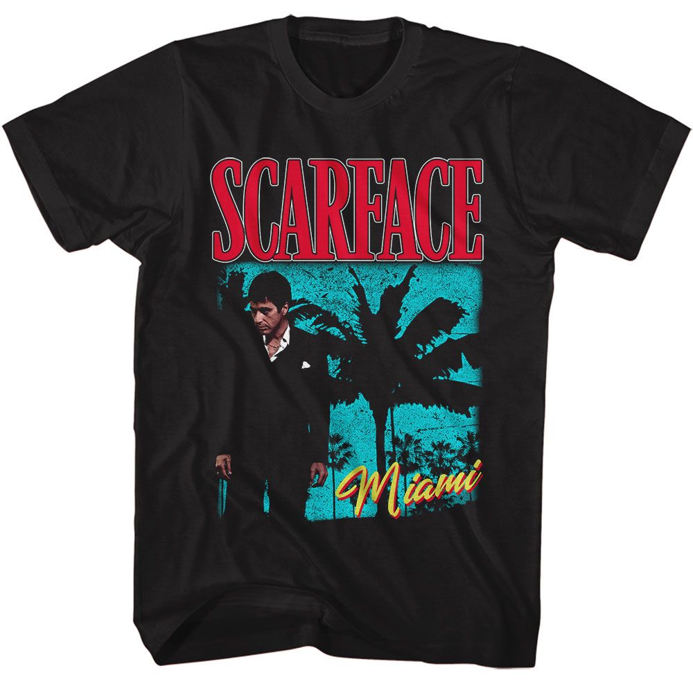 Black Scarface t-shirt featuring a Scarface Scarface Palms Miami Bright design