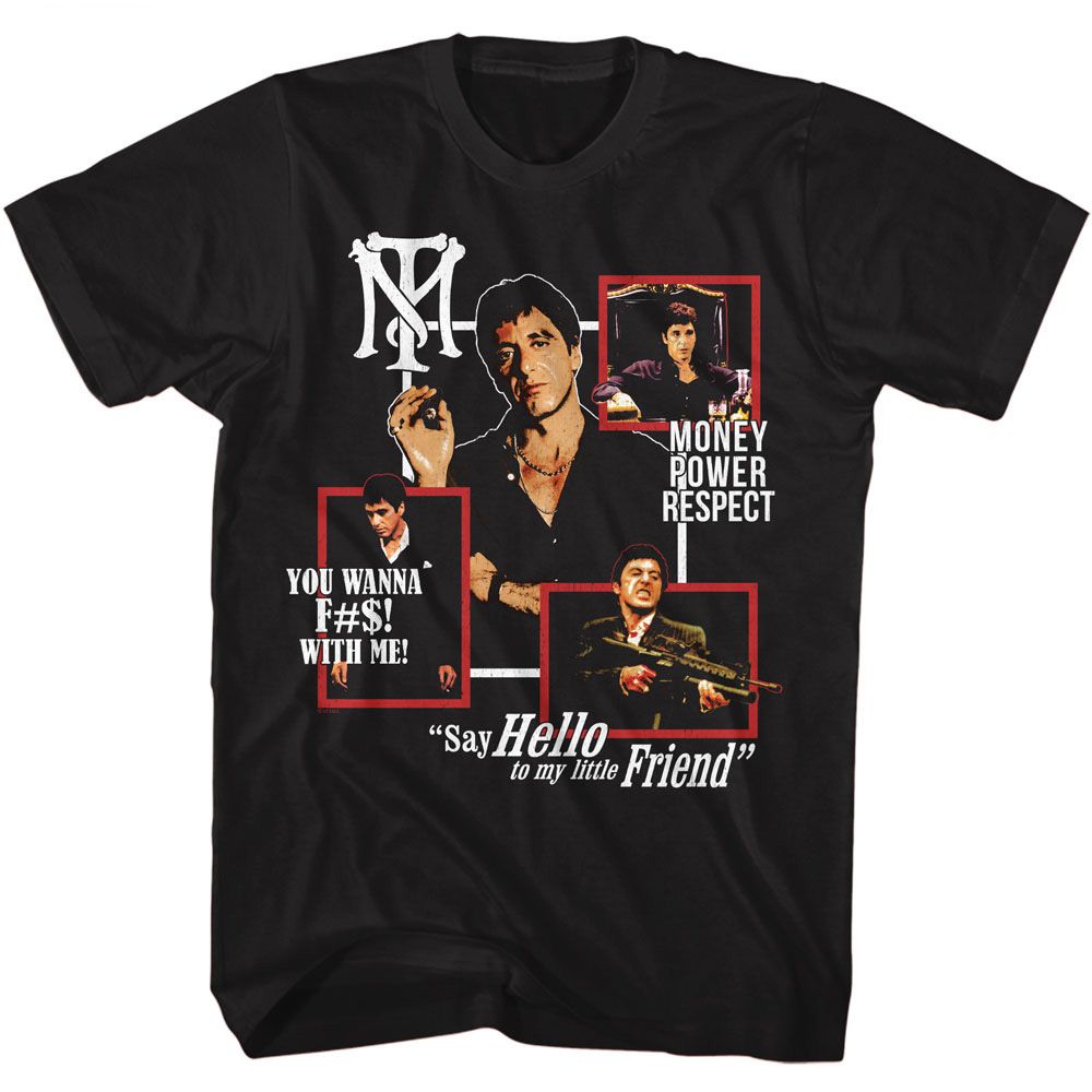 Black Scarface t-shirt featuring a Scarface Scarface Box Collage design