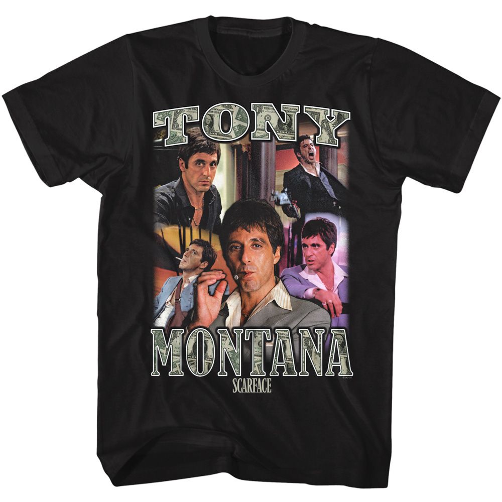 Black Scarface t-shirt featuring a Scarface Scarface Collage 2 design