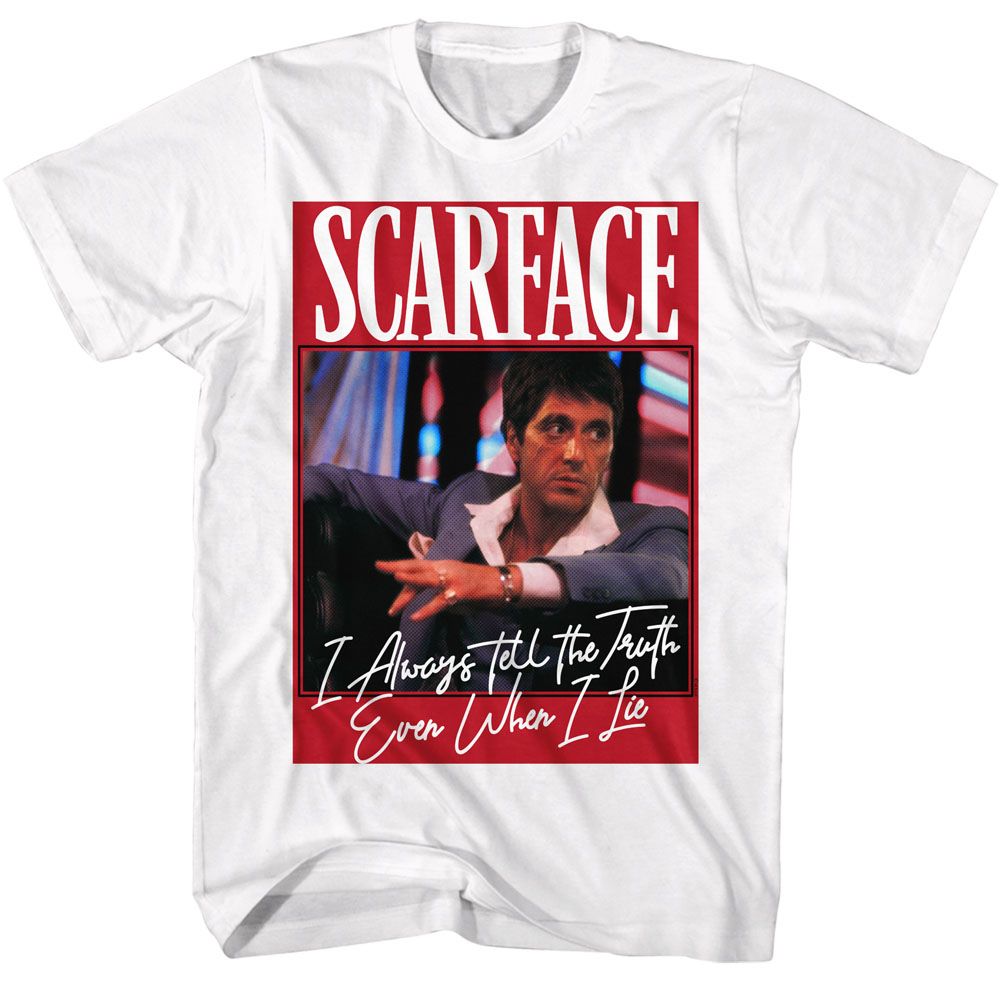 White Scarface t-shirt featuring a Scarface Scarface Even When I Lie design