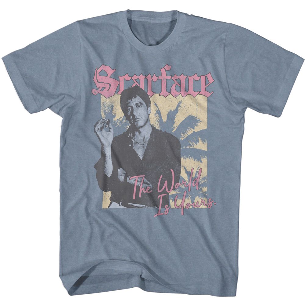 Indigo Heather Scarface t-shirt featuring a Scarface Scarface the World Is Yours design