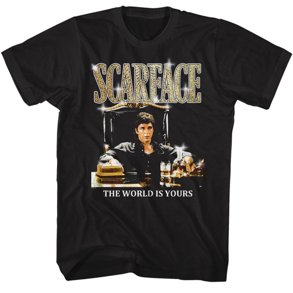 Black Scarface t-shirt featuring a Scarface Scarface Gold Logo design