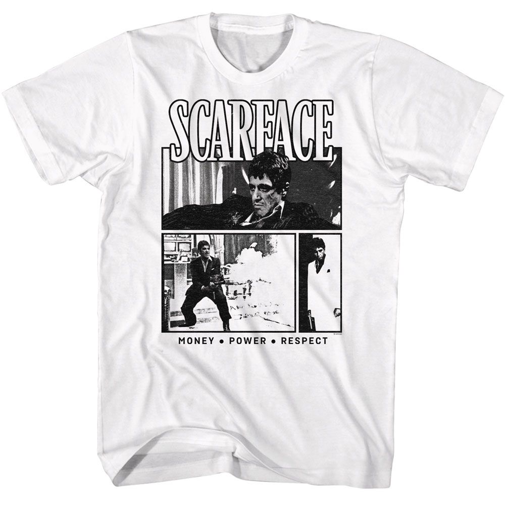 White Scarface t-shirt featuring a Scarface Scarface Comic Background design