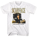 White Scarface t-shirt featuring a Scarface Scarface Desk Sit design