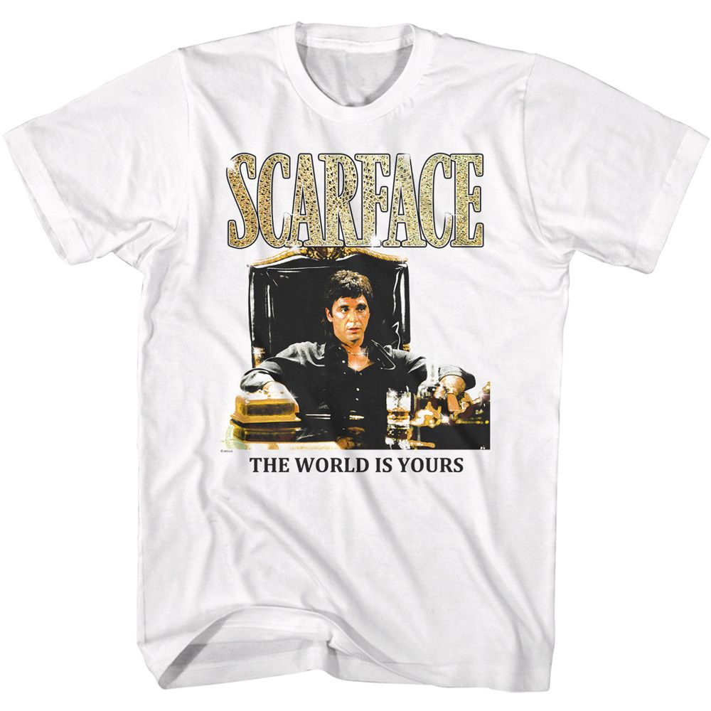 White Scarface t-shirt featuring a Scarface Scarface Desk Sit design