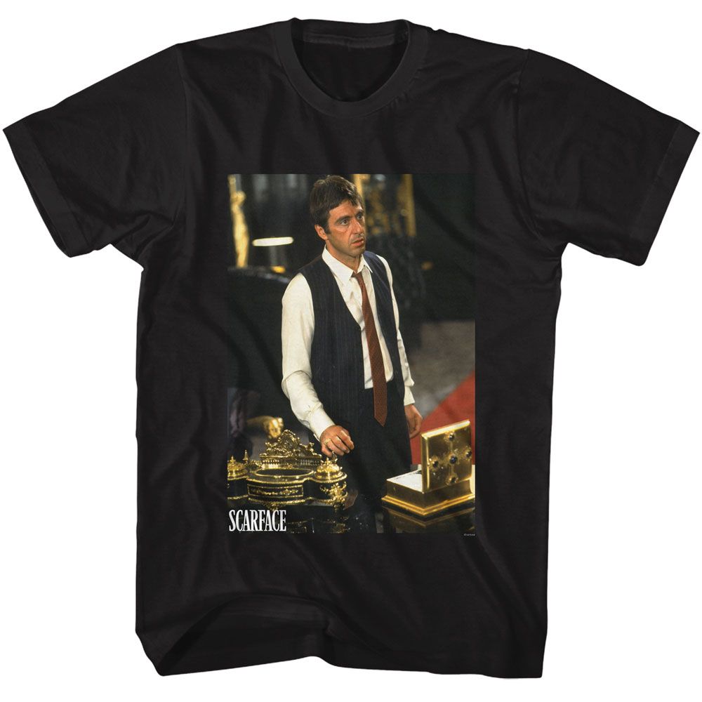 Black Scarface t-shirt featuring a Scarface Scarface Tony at His Desk design