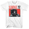 White Scarface t-shirt featuring a Scarface Scarface Red Bg design