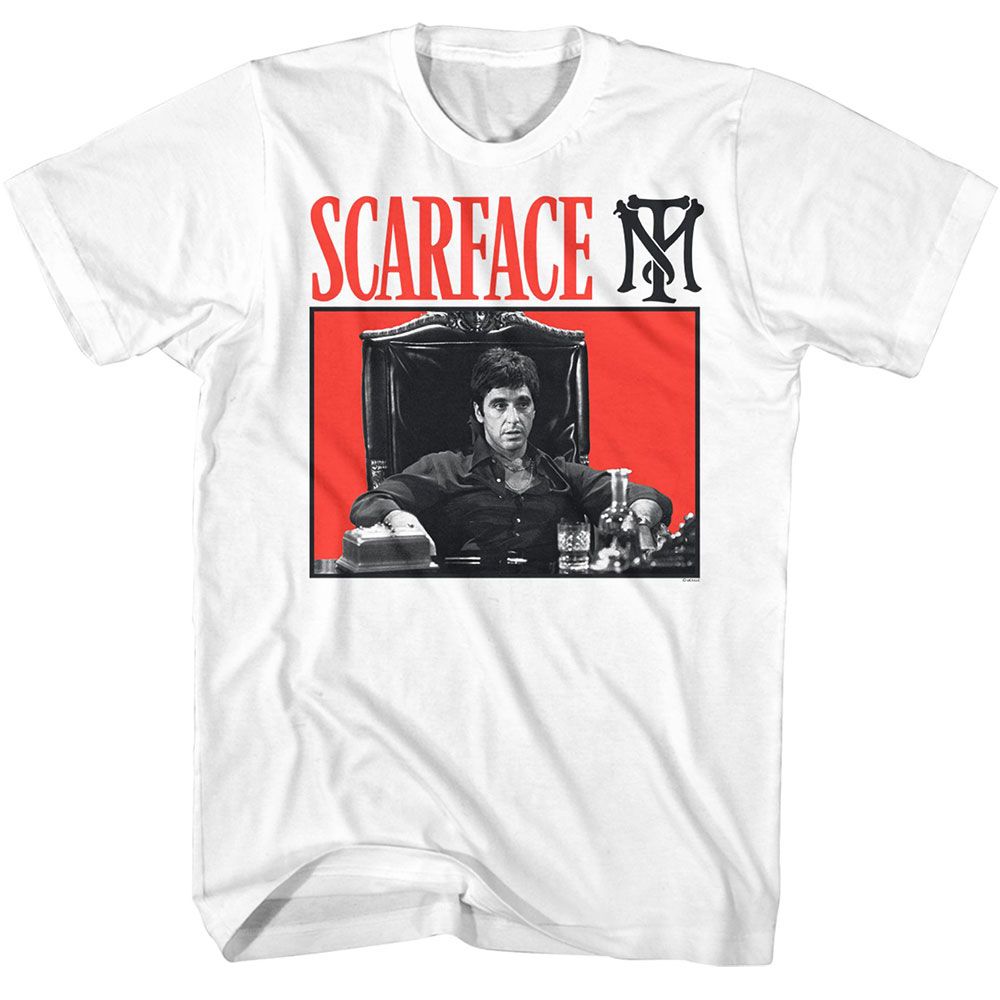 White Scarface t-shirt featuring a Scarface Scarface Red Bg design