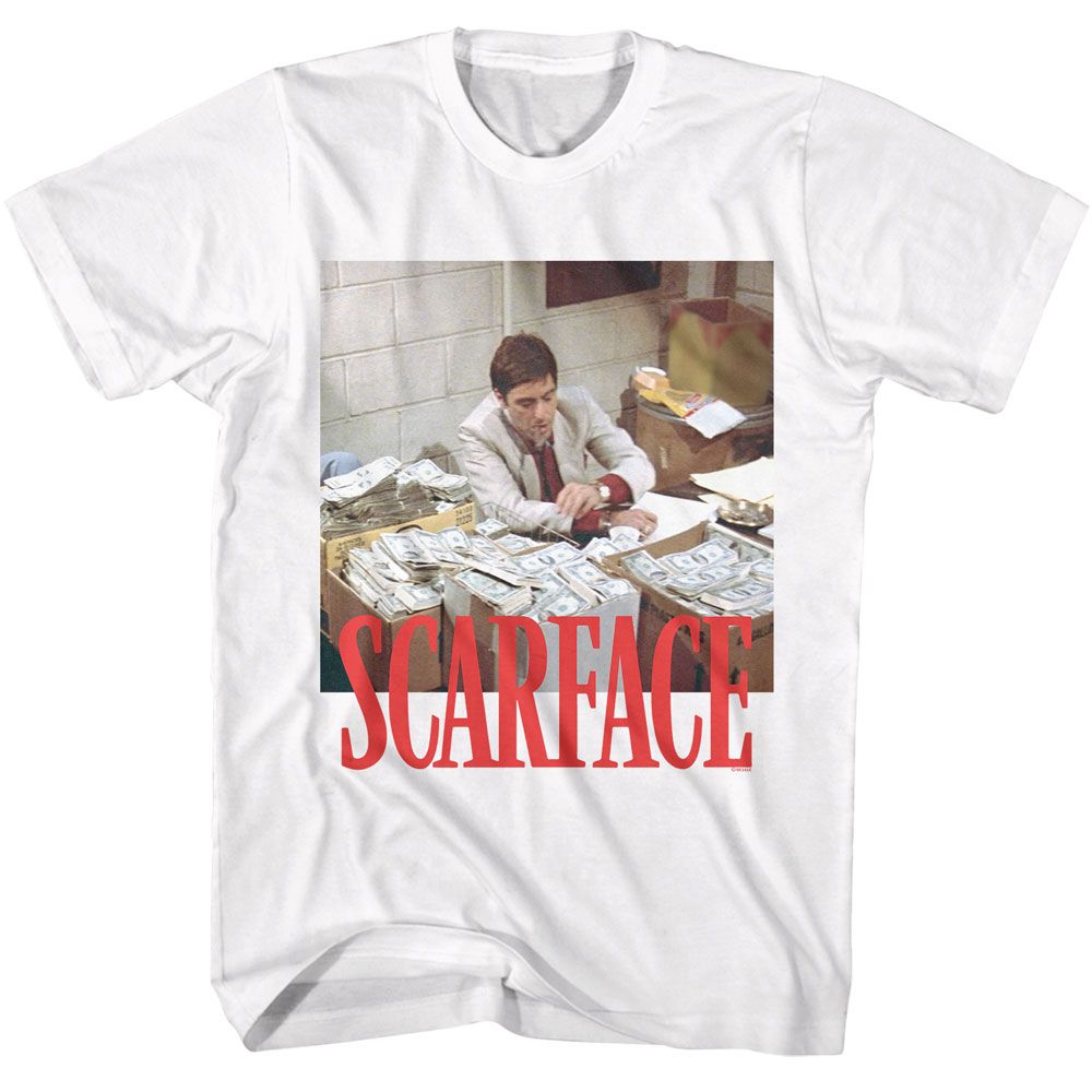 White Scarface t-shirt featuring a Scarface Scarface Money Stacks design