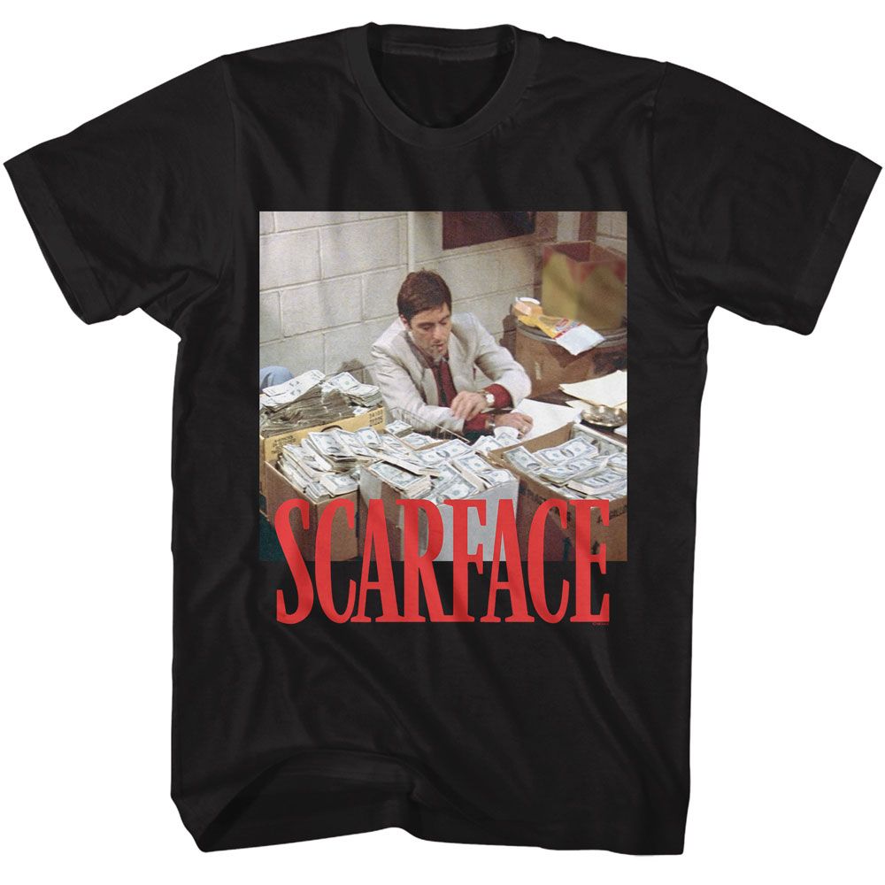 Black Scarface t-shirt featuring a Scarface Scarface Money Stacks design