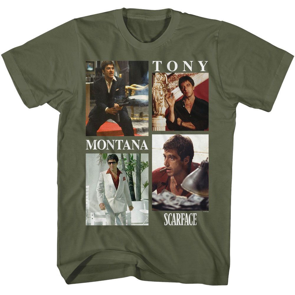 Military Green Scarface t-shirt featuring a Scarface Scarface Montana Collage design