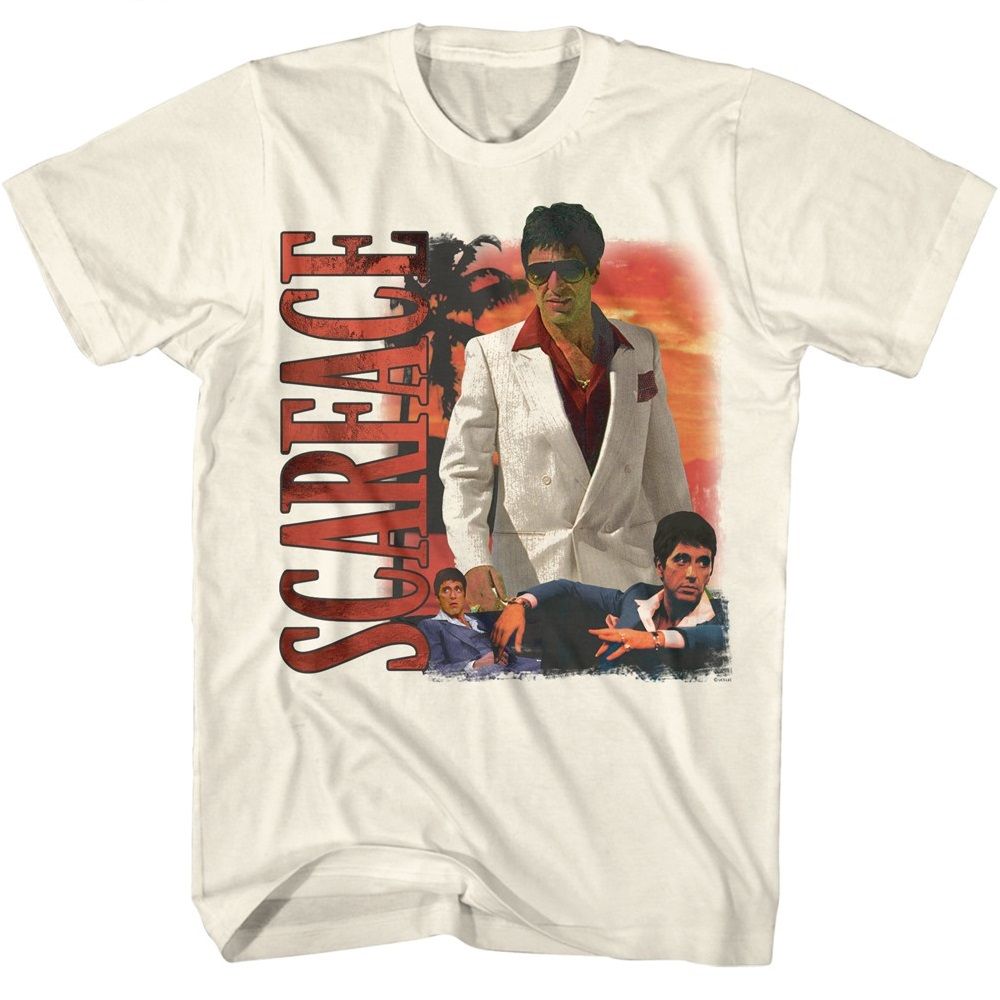 Natural Scarface t-shirt featuring a Scarface Scarface Palm Tree Sunset Bg design