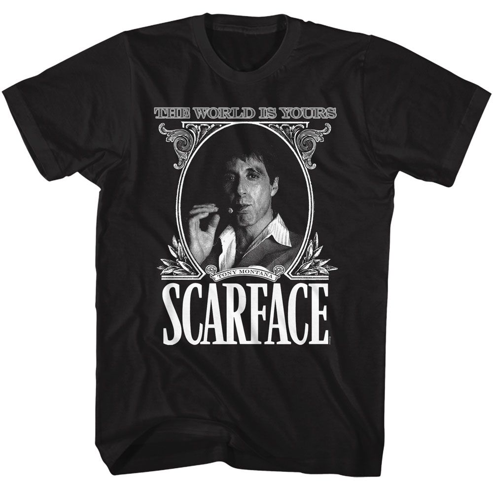 Black Scarface t-shirt featuring a Scarface Scarface World Is Mine Currency design