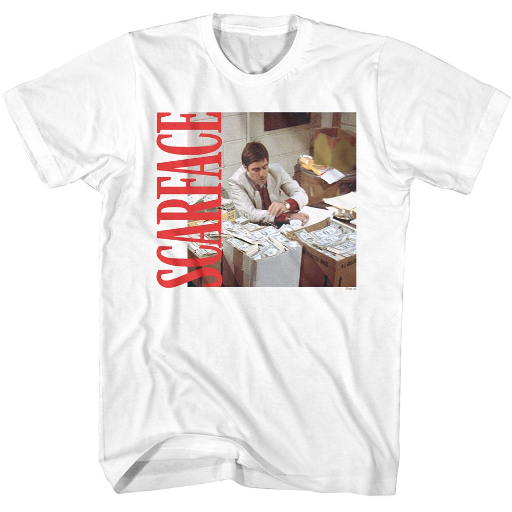 White Scarface t-shirt featuring a Scarface Scarface Money and Side Logo design