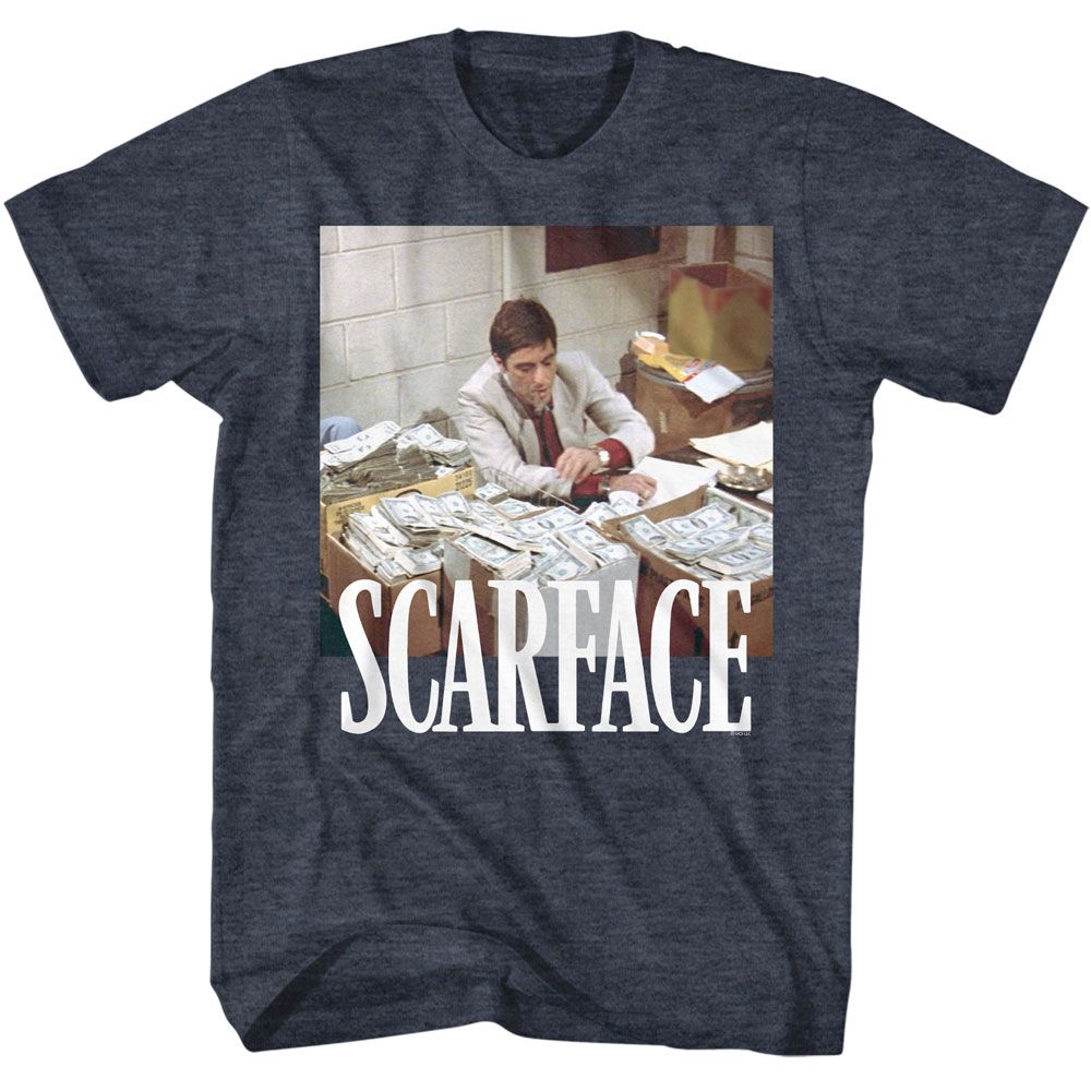 Navy Heather Scarface t-shirt featuring a Scarface Scarface Boxes of Cash design