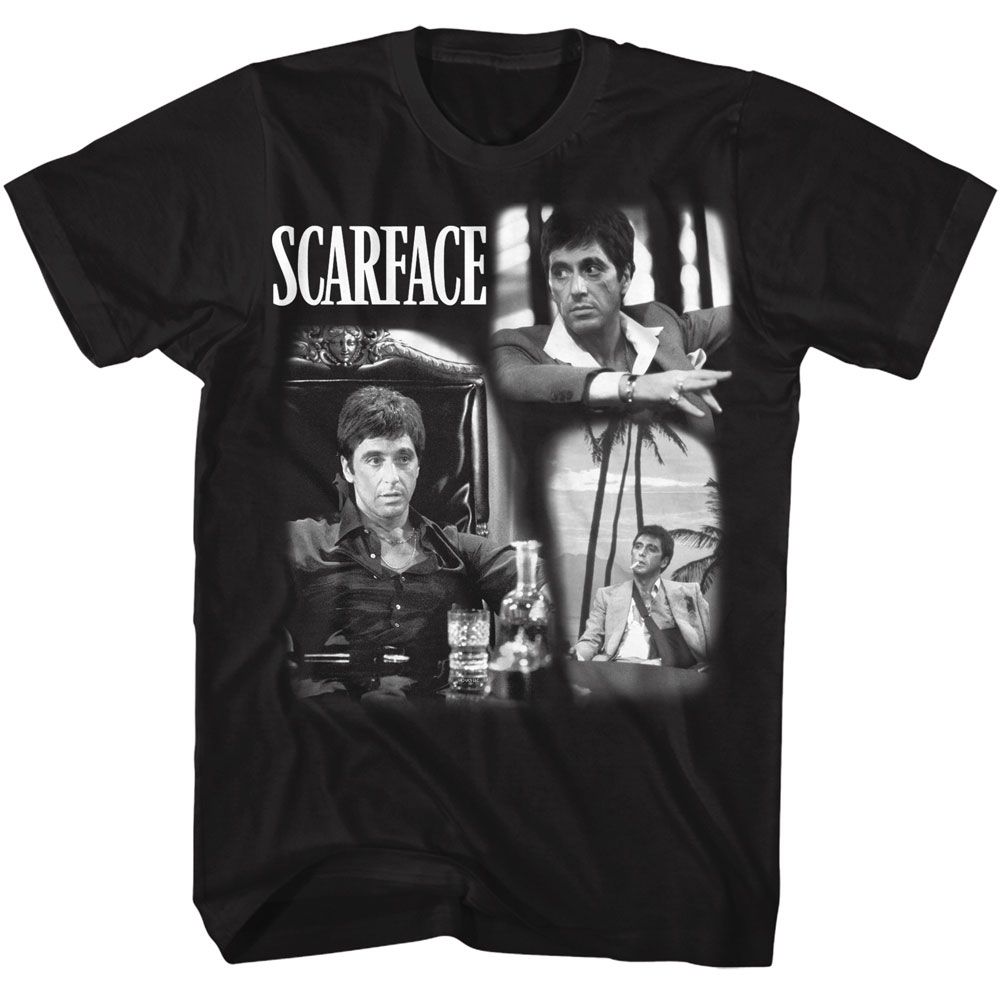 Black Scarface t-shirt featuring a Scarface Scarface World Is Yours Collage design