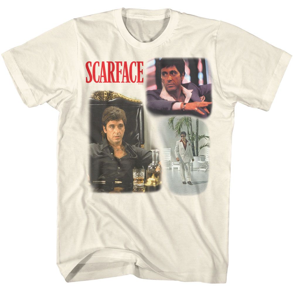 Natural Scarface t-shirt featuring a Scarface Scarface World Is Yours Collage Color design