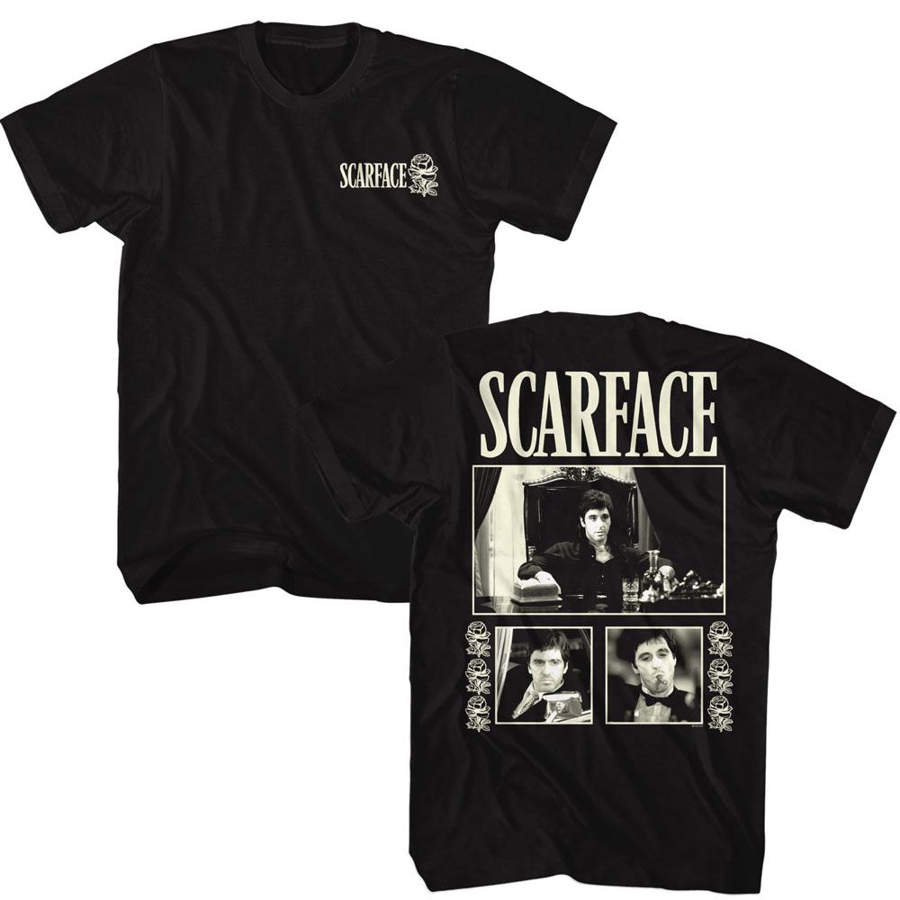 Black Scarface t-shirt featuring a Scarface Scarface Three Photos W Roses design