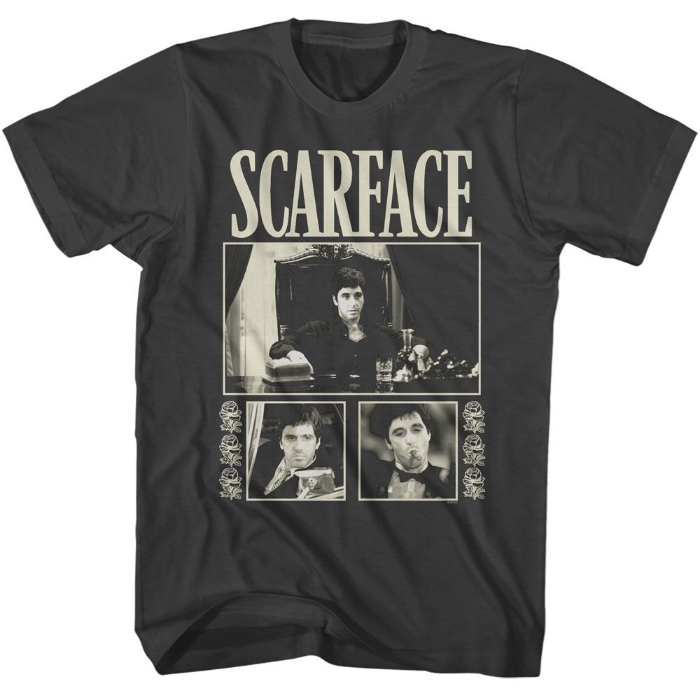 Smoke Gray Scarface t-shirt featuring a Scarface Scarface Three Photos with Roses design