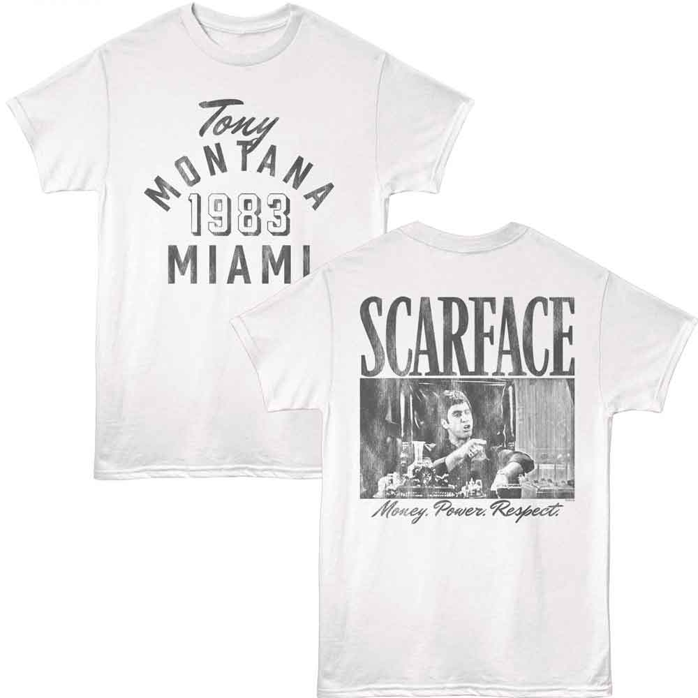 White Scarface t-shirt featuring a Scarface Scarface Miami 83 design