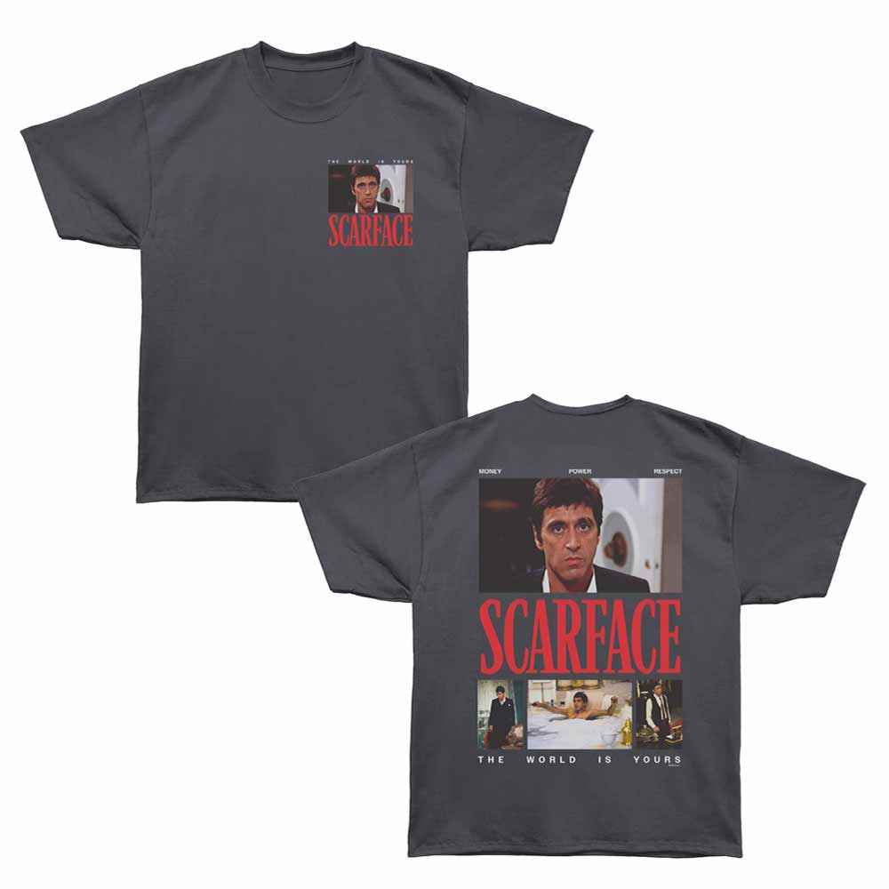 Graphite Scarface t-shirt featuring a Scarface Scarface Collage F B design