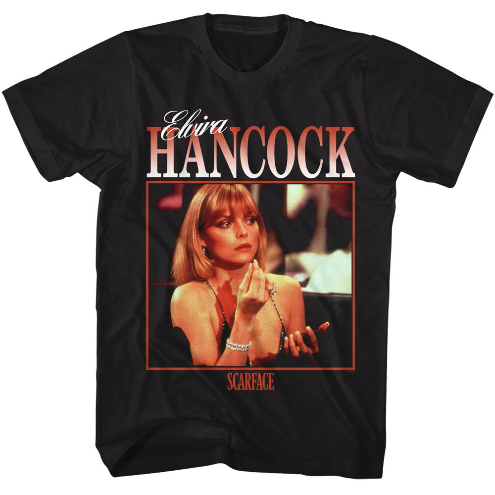 Black Scarface t-shirt featuring a Scarface Scarface Elvira H design