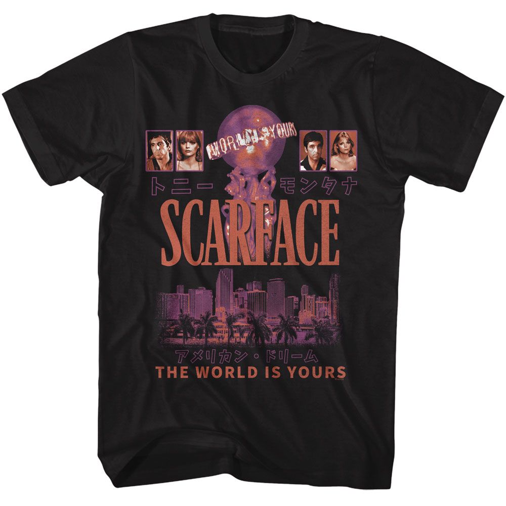 Black Scarface t-shirt featuring a Scarface Scarface World Is Yours Poster Style design