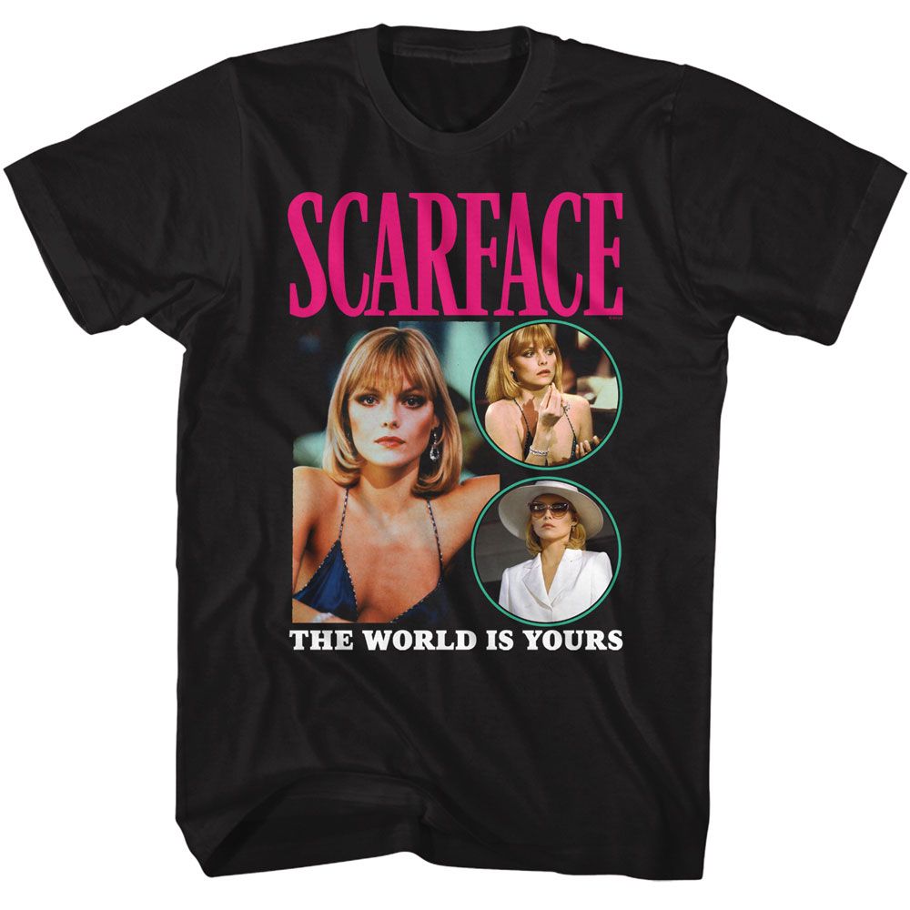 Black Scarface t-shirt featuring a Scarface Scarface Elvira World design