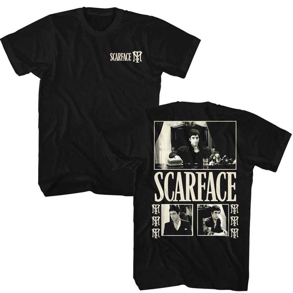Black Scarface t-shirt featuring a Scarface Scarface Three Photos F B design