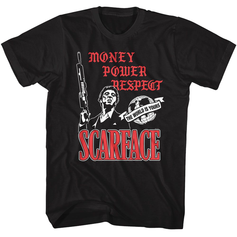 Black Scarface t-shirt featuring a Scarface Scarface Money Power Respect Icons design