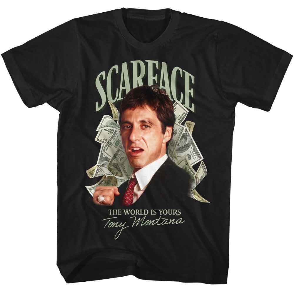 Black Scarface t-shirt featuring a Scarface Scarface Money design