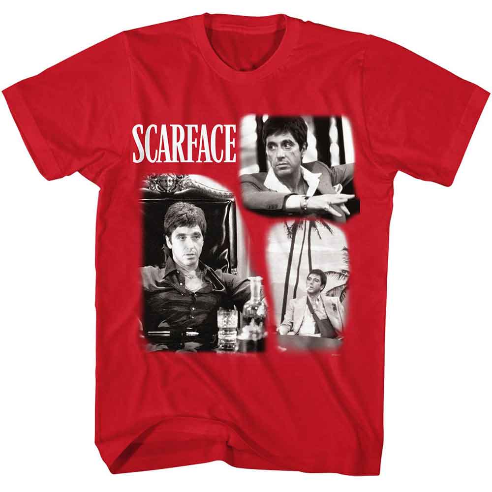 Red Scarface t-shirt featuring a Scarface Scarface World Is Yours Collage design