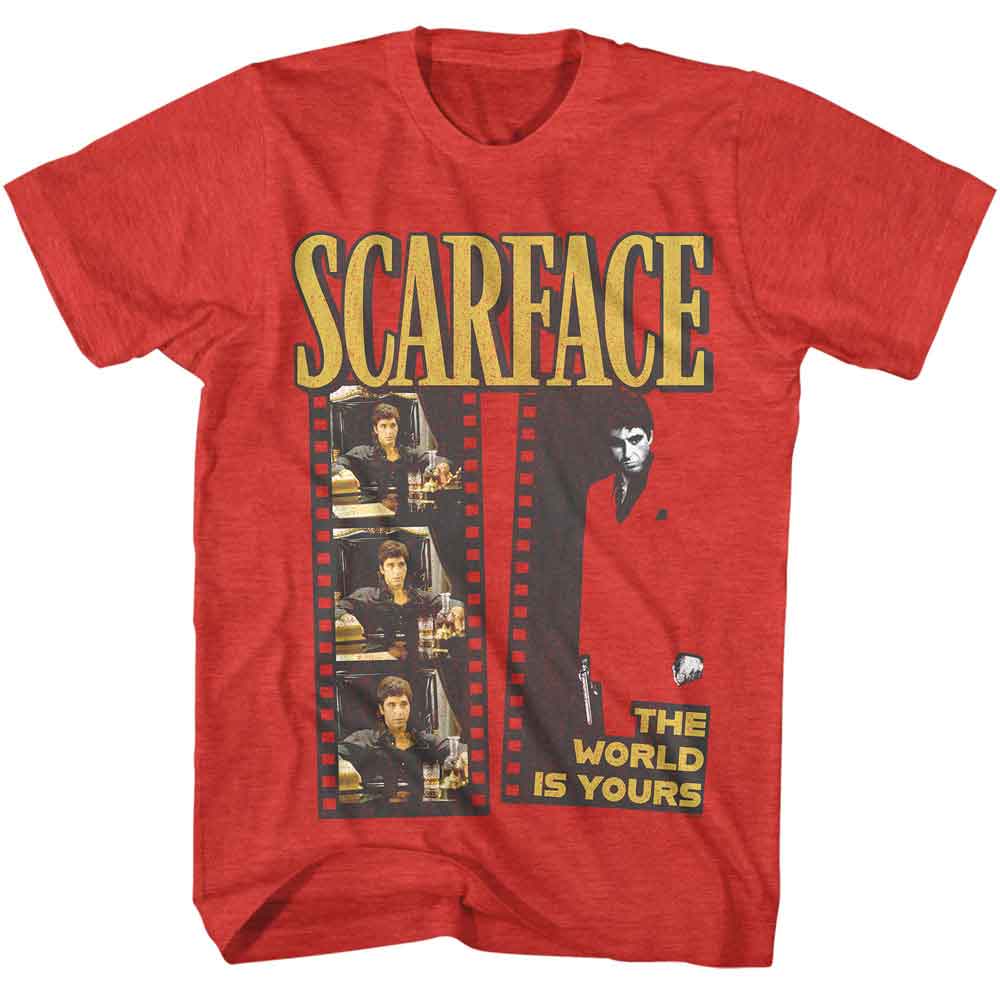 Red Heather Scarface t-shirt featuring a Scarface Scarface Film Strip design
