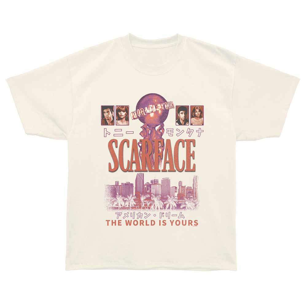 Ivory Scarface t-shirt featuring a Scarface Scarface the World Is Yours Globe design