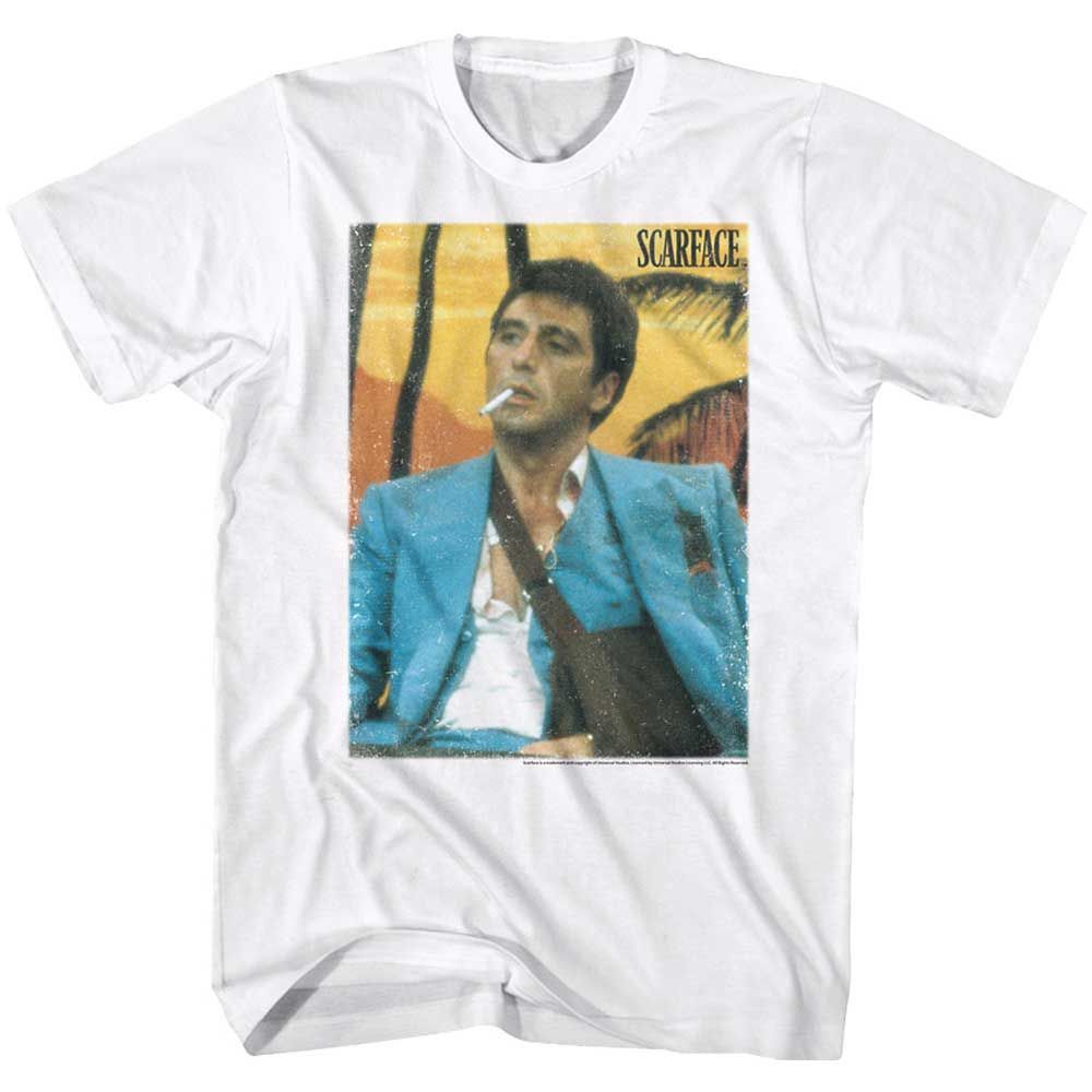 White Scarface t-shirt featuring a Scarface Cig design